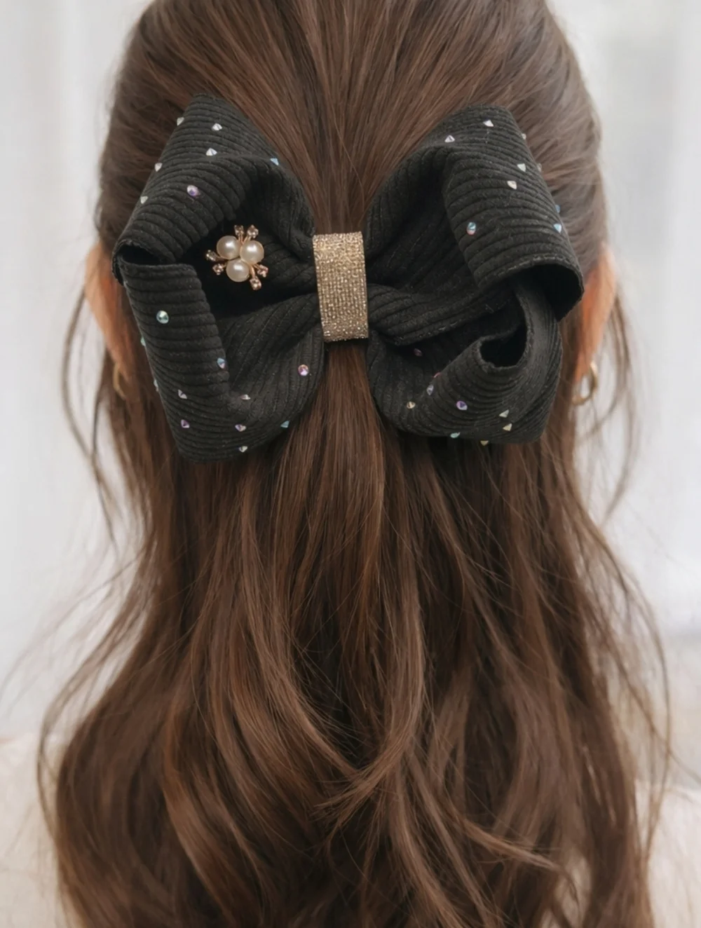 ⭐Handmade Bow Black Boutique Hair Bow with Pearl Cluster